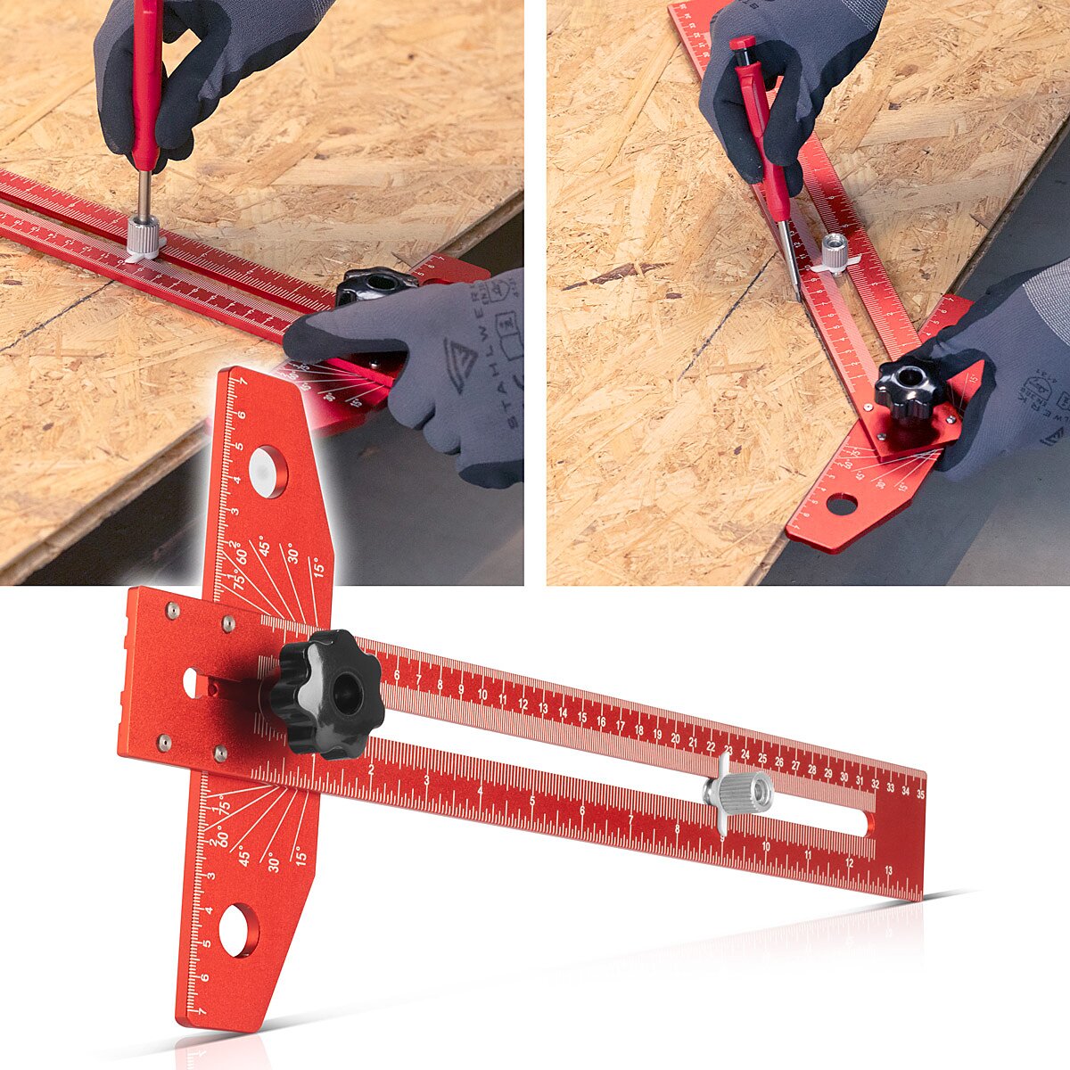 STAHLWERK angle marking ruler made of aluminum with stop and marking pen marking gauge | Marking gauge | Marking ruler | Marking rule for scribing, marking and drawing