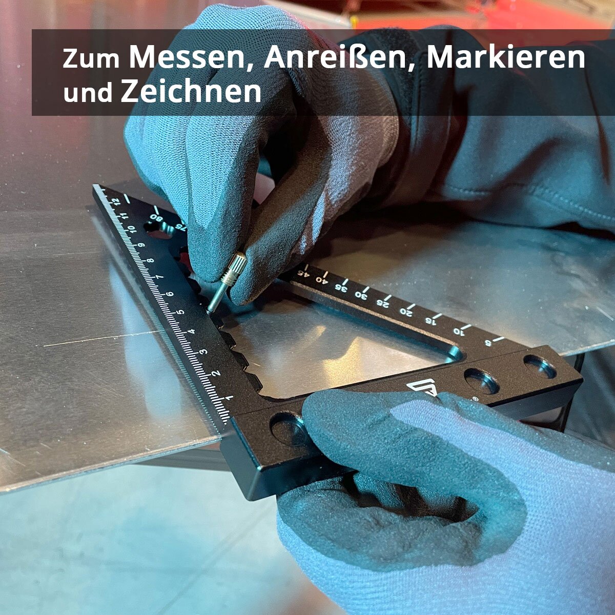 STAHLWERK Winkeldreieck mit Anschlag und Markiernadel metrisches Aluminium-Winkellineal | Anschlagwinkeldreieck | Zimmermannswinkel zum präzisen Messen, Anreißen, Markieren und Zeichnen