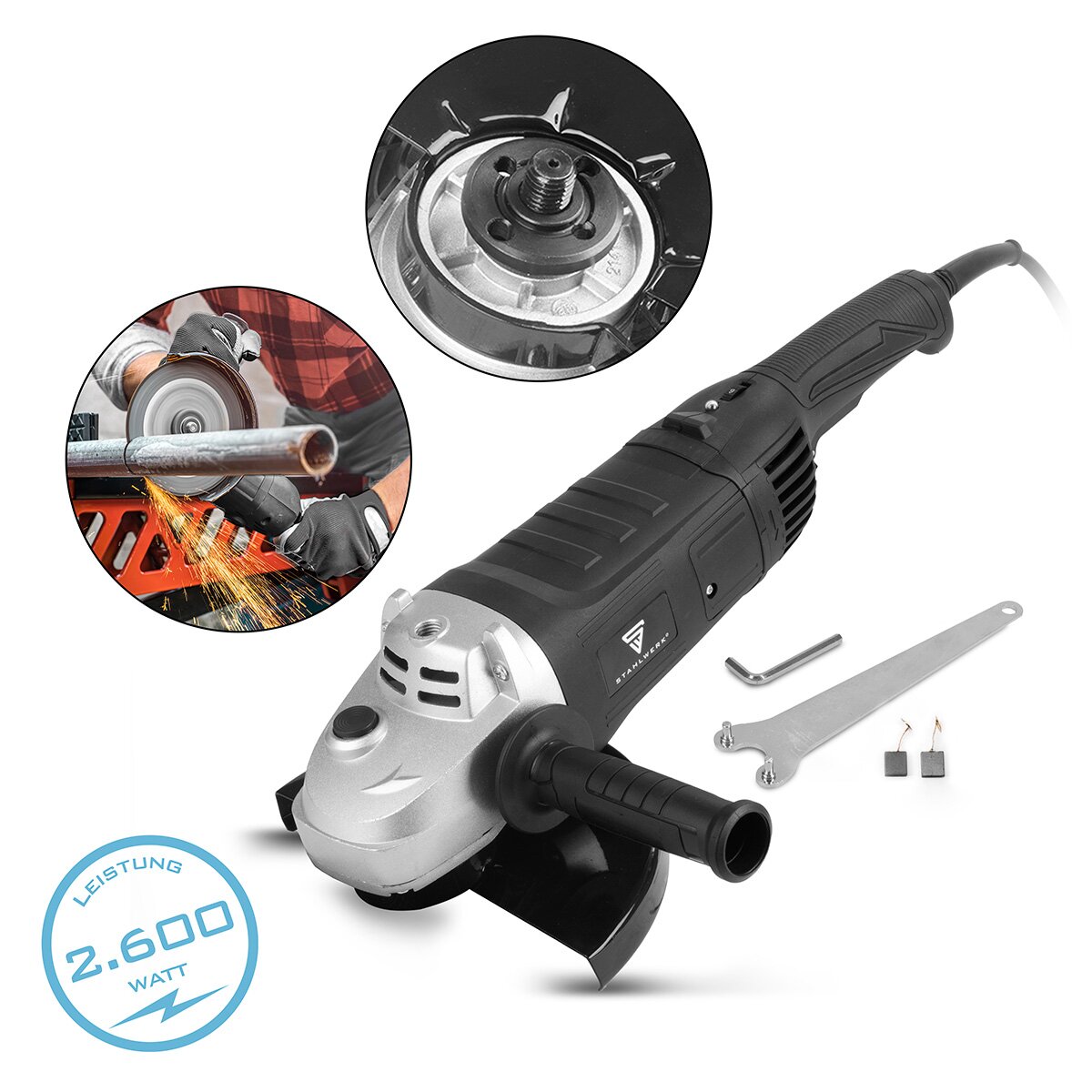 STAHLWERK angle grinder WS-2600 ST with 2,600 W and 2,800 - 6,500 rpm for ⌀230 mm grinding and cutting discs electric cut-off grinder | cutting cutter | grinding machine