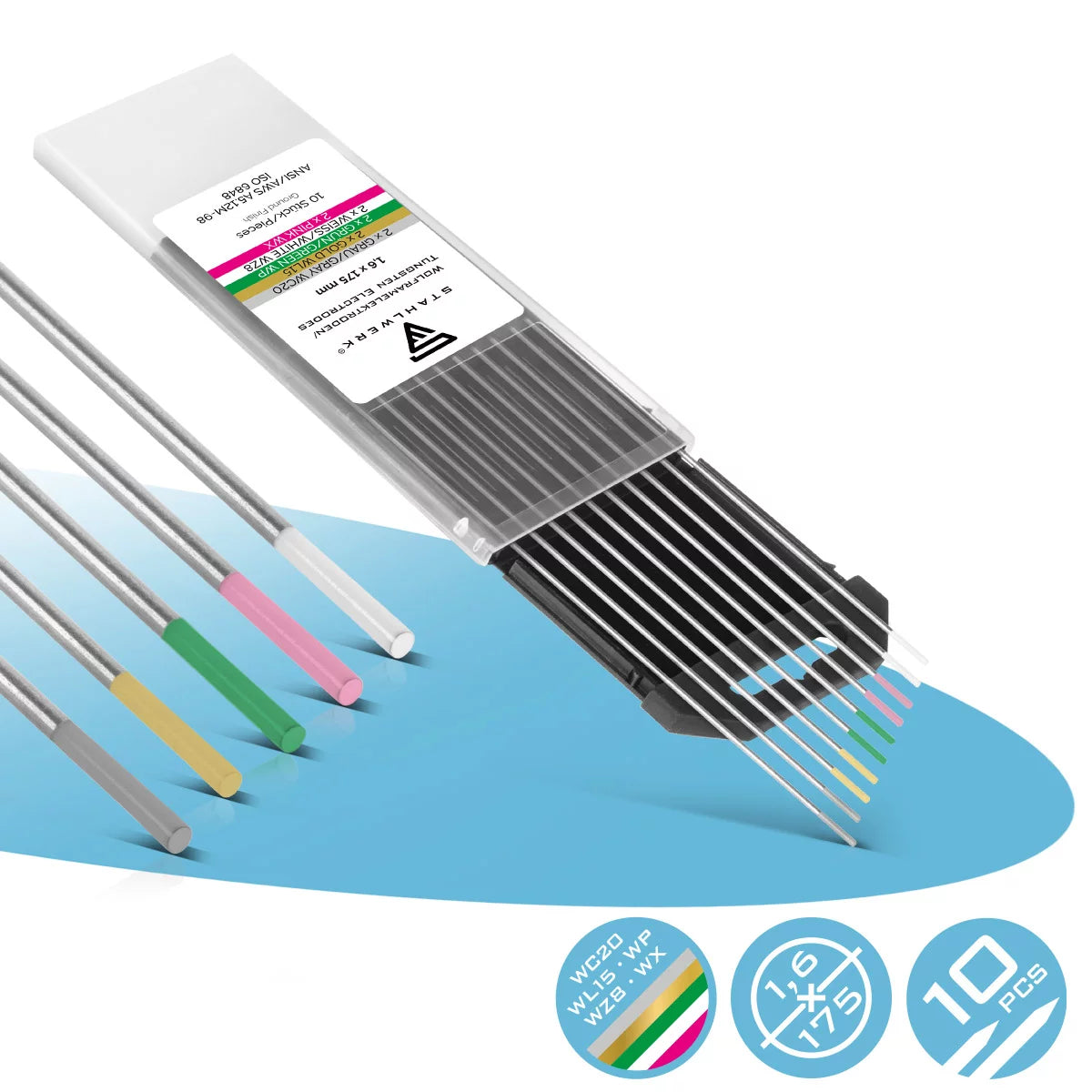 Électrodes de tungstène / électrodes de soudage STAHLWERK or, gris, rose, blanc, vert 1,6 mm chacune dans un lot pratique de 10
