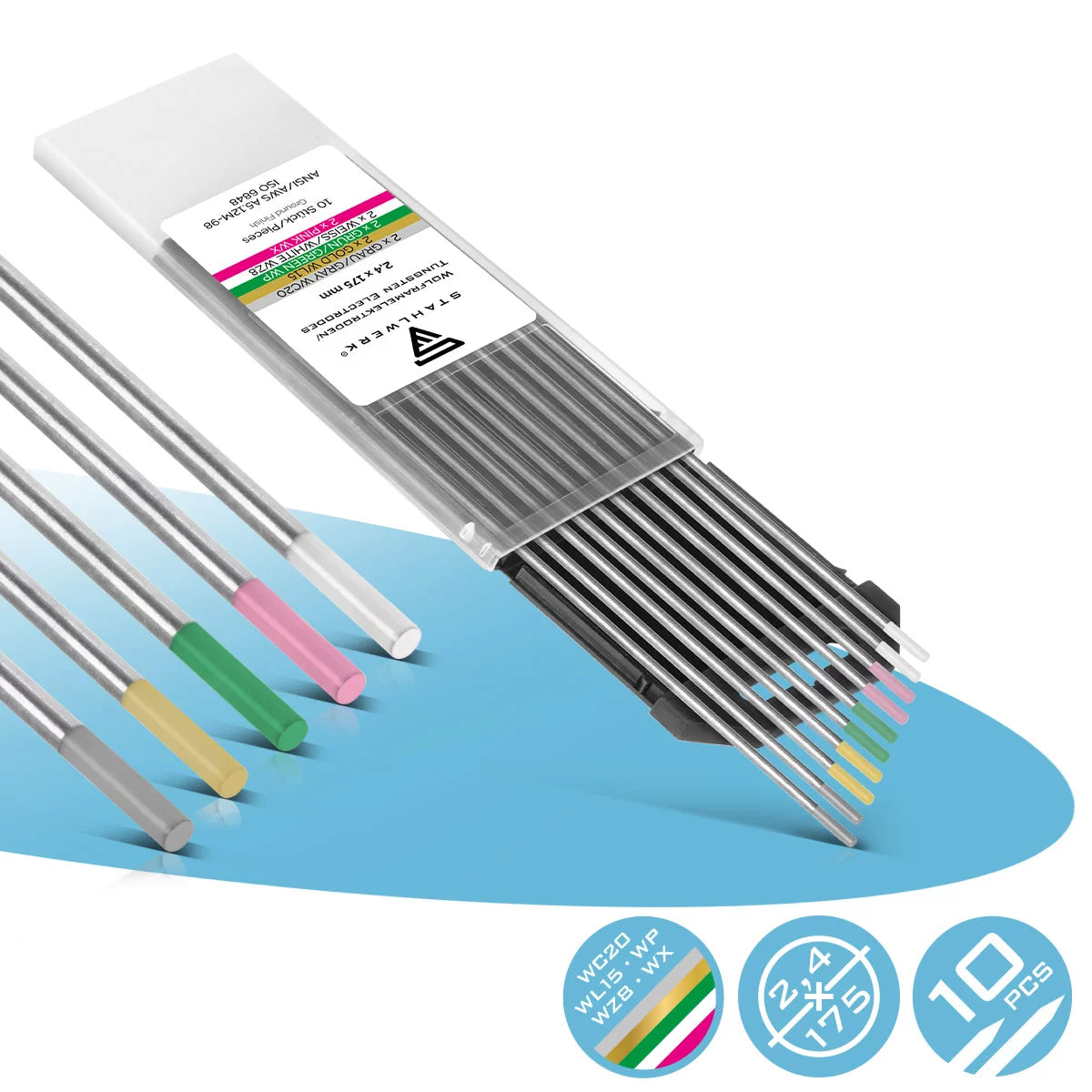 STAHLWERK tungsten electrodes / welding electrodes gold, gray, pink, white, green 2.4 mm each in a practical set of 10