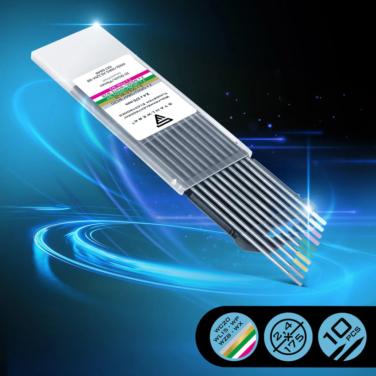 STAHLWERK tungsten electrodes / welding electrodes gold, gray, pink, white, green 2.4 mm each in a practical set of 10
