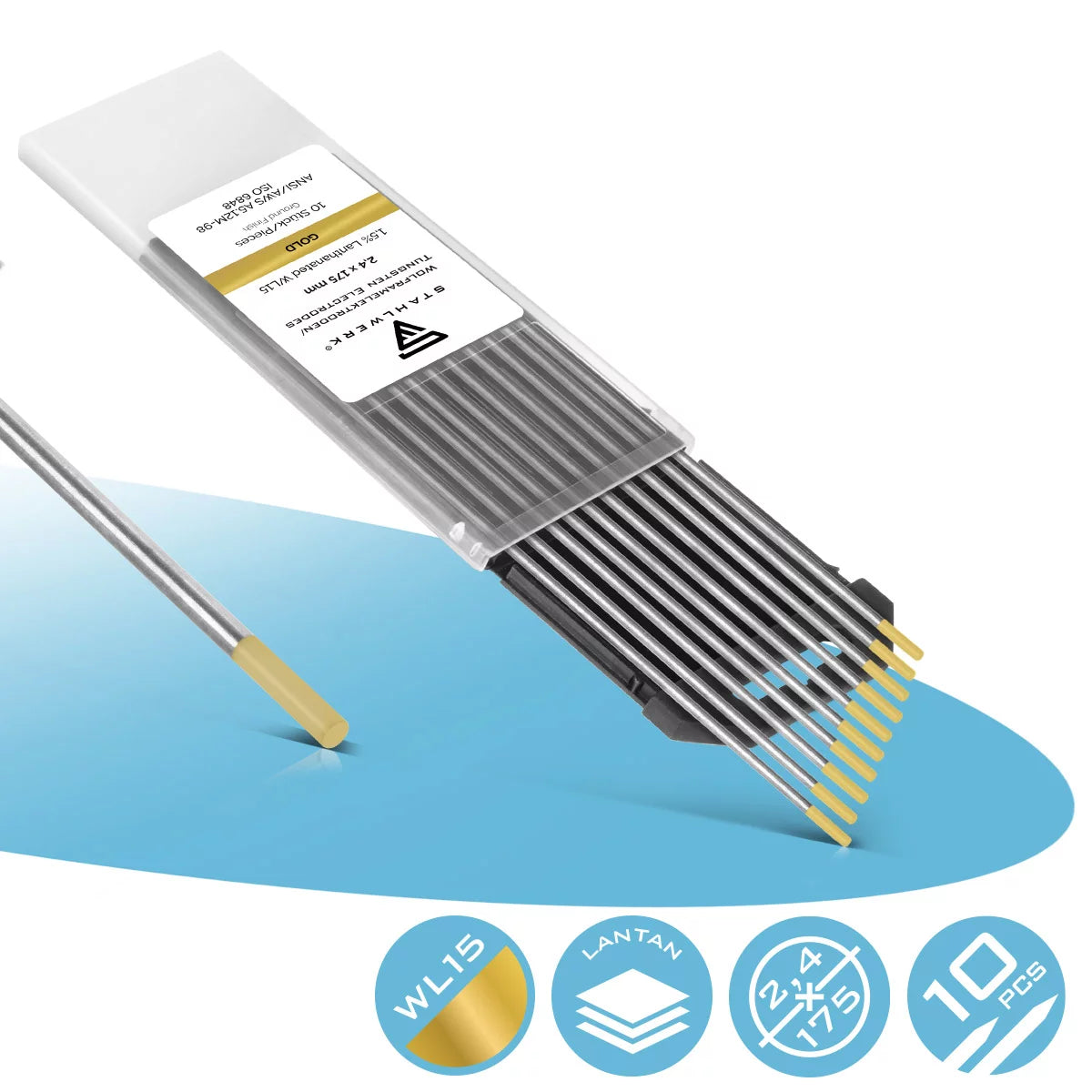 STAHLWERK tungsten electrodes / welding electrodes 2.4 x 175 mm WL15 gold in a practical set of 10