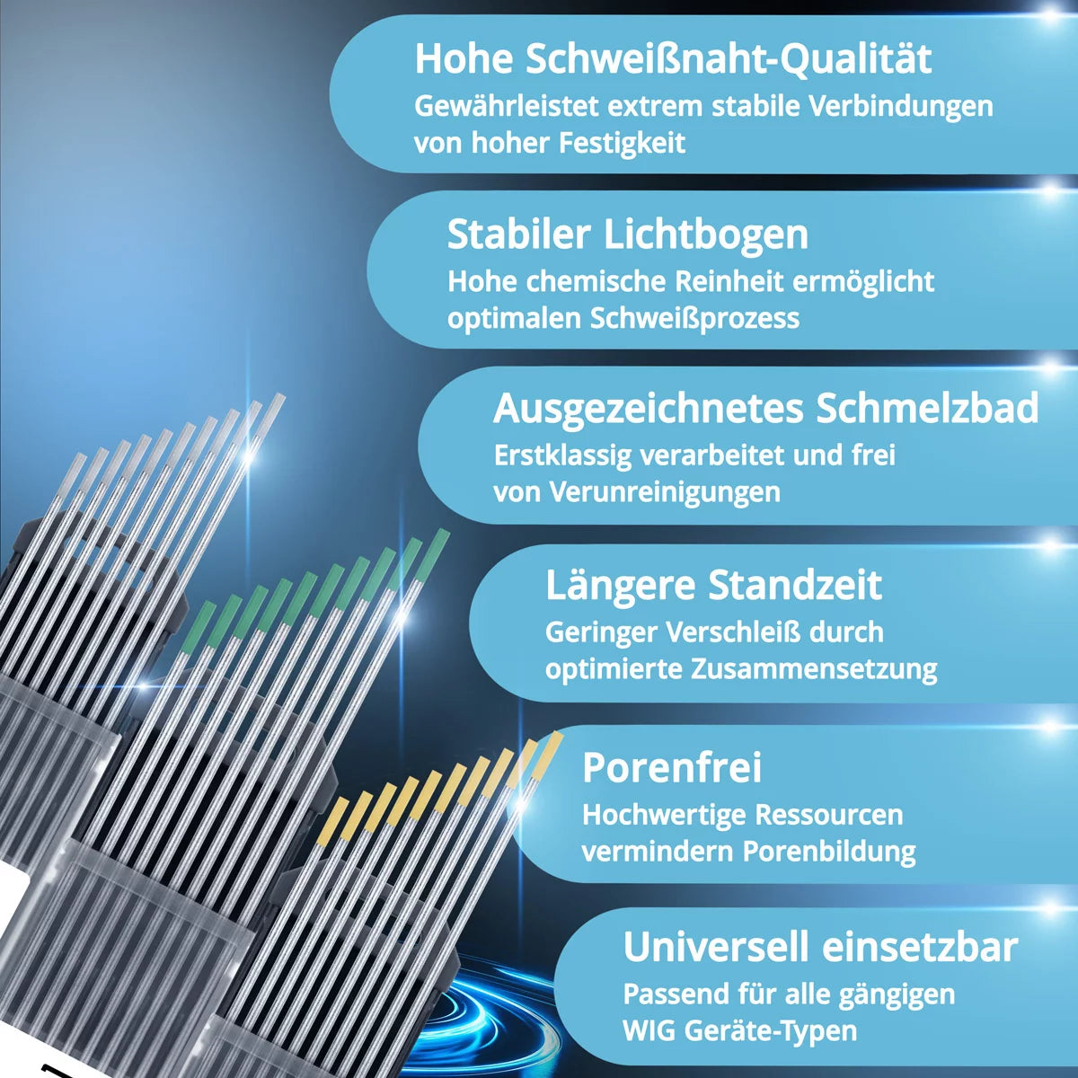 STAHLWERK Wolframelektroden / Schweißelektroden im praktischen Set Grau, Grün, Gold 2,4 mm je 10 Stk.
