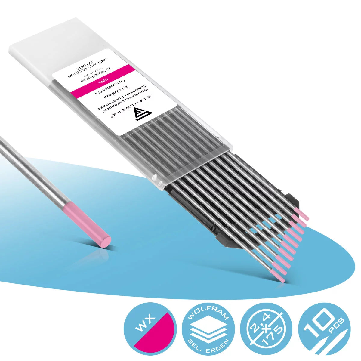 Électrodes de tungstène / électrodes de soudage STAHLWERK WX Rose 2,4 x 175 mm dans un lot pratique de 10
