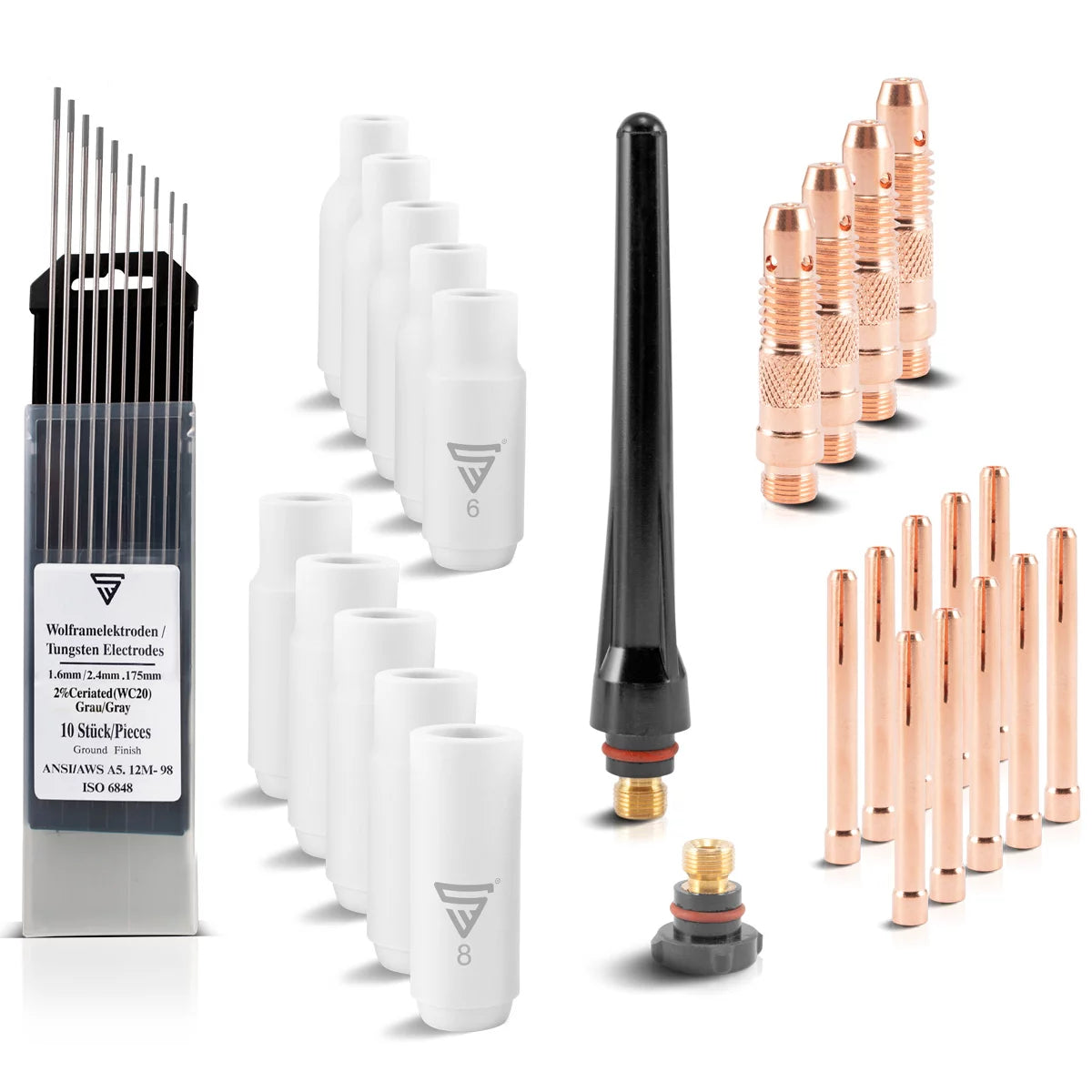 Jeu de pièces d'usure STAHLWERK WP-26 Premium TIG Accessoires de soudage 36 pièces avec buses en céramique longue durée, électrodes de soudage grises WC20 et capuchons de torche pour WP | Torches de soudage SR 17, 18, 26 TIG