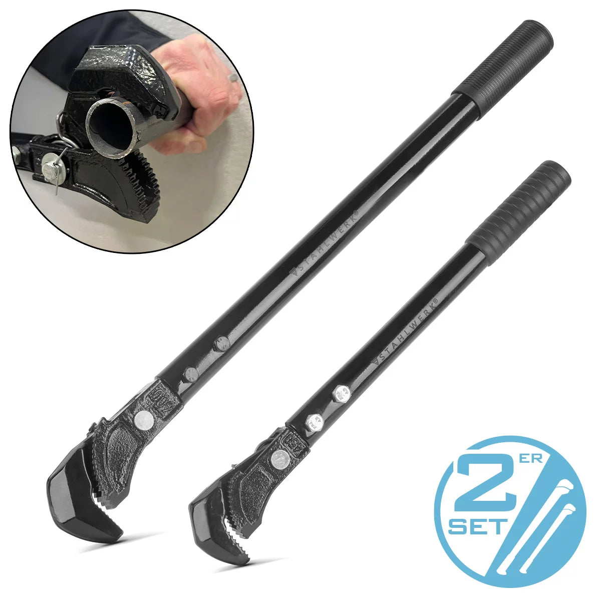 STAHLWERK Juego de llaves y alicates de 2 llaves para tubos autoajustables de 450/600 mm (18"/24") | Llave para tubos | Llave de montaje | Volteador de tubos | Tecla rápida | Llave multifuncional fabricada en cromo vanadio.