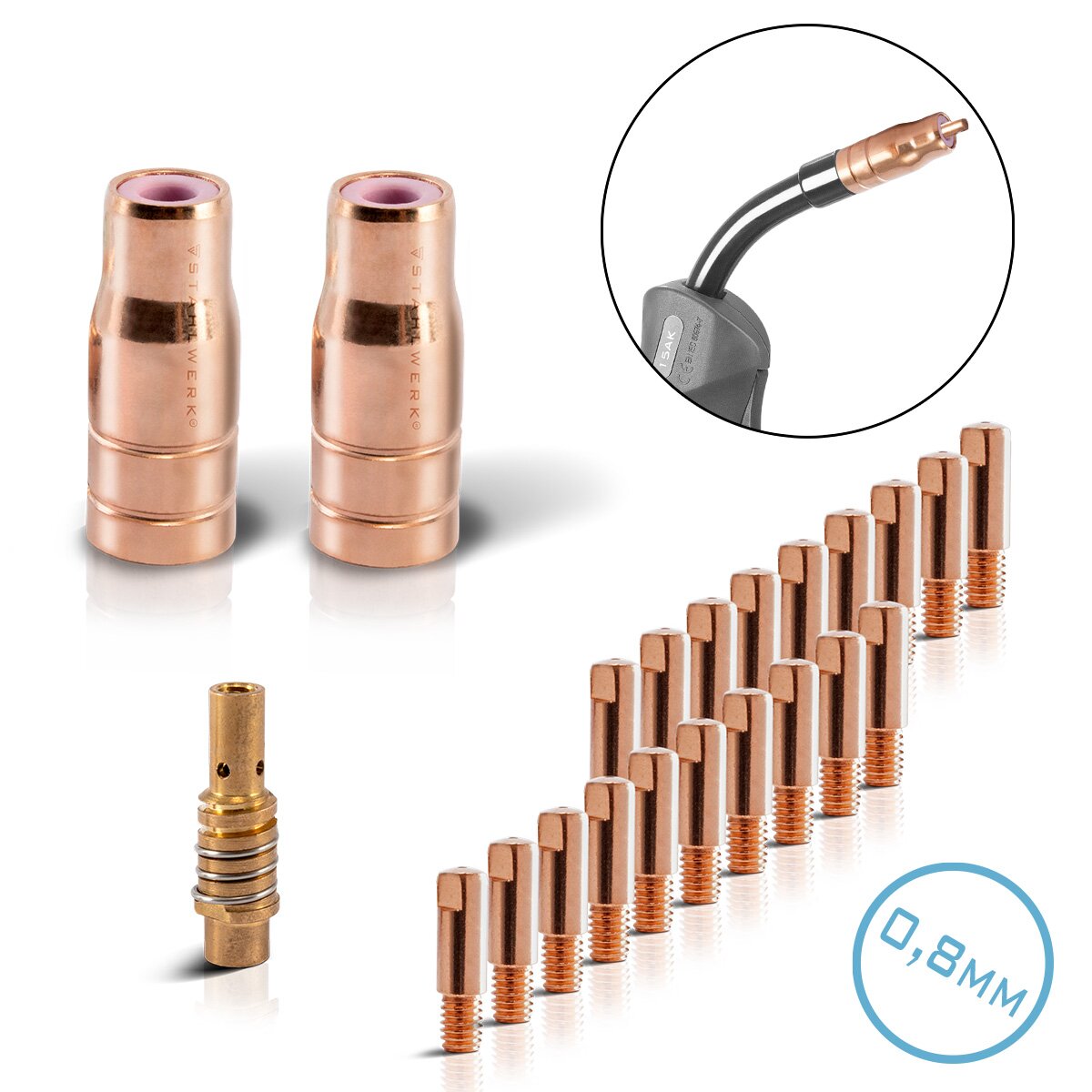 STAHLWERK FLUX AK15/MB15 AK14/MB14 Verschleißteile Set | 23-teiliges Original Schweißzubehör Set mit Fülldrahtdüsen | Düsenträger und Stromdüsen 0,8 mm
