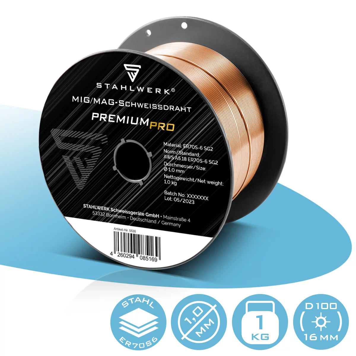 STAHLWERK MIG MAG Premium Schweißdraht ER70S-6 SG2 Ø 1,0 mm S100/D100 Drahtrolle1 kg