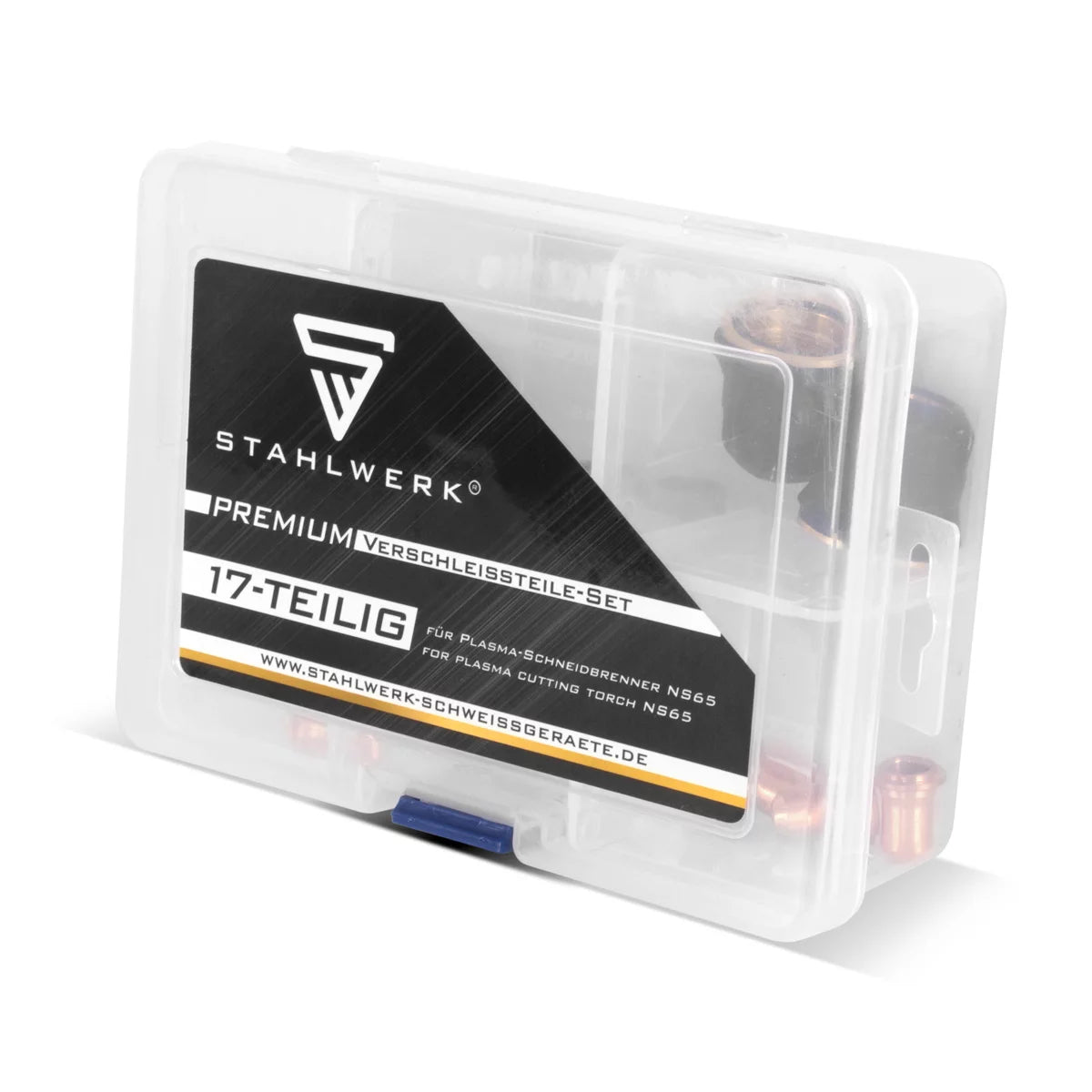 STAHLWERK NS/S65 plasma accessories | Wear parts for plasma cutting torches | 17-piece set with electrodes, cutting nozzles 0.8/1.0 mm, protective caps, power distributor, spacers | Transport box