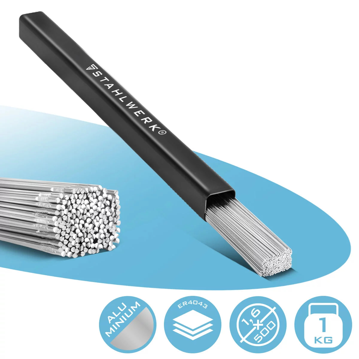Bacchette per saldatura STAHLWERK TIG ER4043Si5 alluminio altolegato / Ø 1,6 mm x 500 mm / 1,0 kg / inclusa custodia