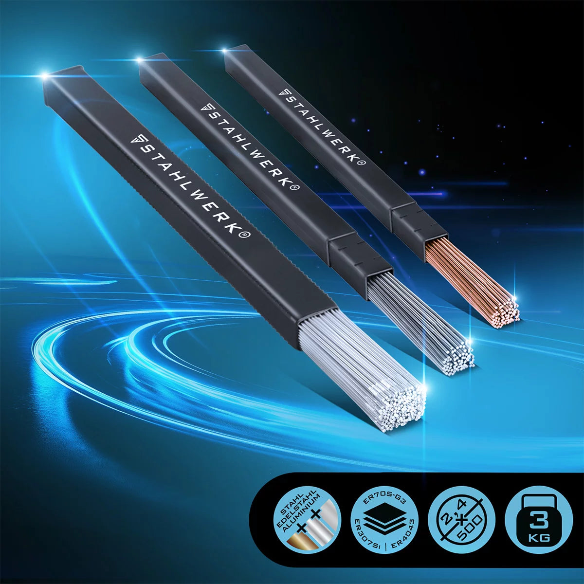 STAHLWERK TIG welding rods SET steel / stainless steel / aluminum / Ø 2.5/2.4 mm x 500 mm / 1 kg each / including storage box