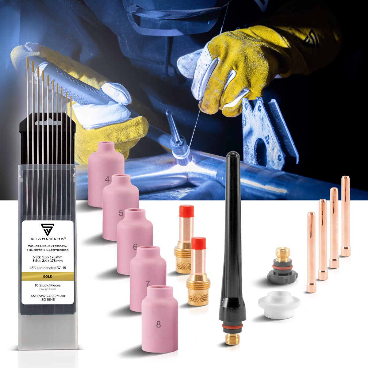 STAHLWERK Kit d'accessoires de soudage pour lentilles à gaz TIG 24 pièces avec manchons de serrage + buses en céramique + électrodes en tungstène, pièces d'usure pour torche de soudage TIG WP-26