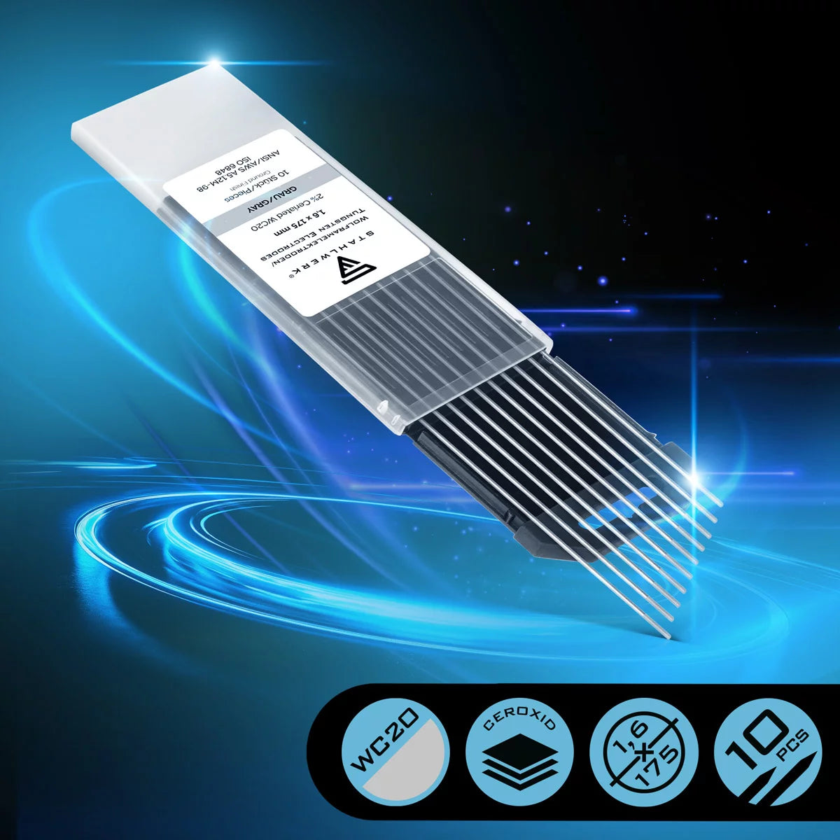 STAHLWERK tungsten electrodes / welding electrodes WC20 gray 1.6 x 175 mm in a practical set of 10