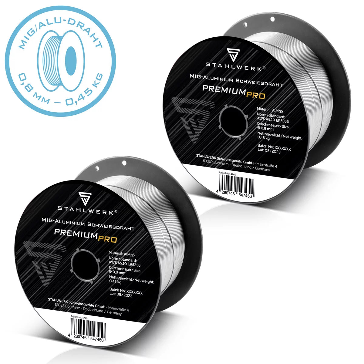 STAHLWERK 2 x MIG MAG aluminum welding wire ER5356 (AlMg5) 0.8 mm 0.45 kg wire roll | Wire coil | Filler material | Universal welding wire | Solid wire electrode