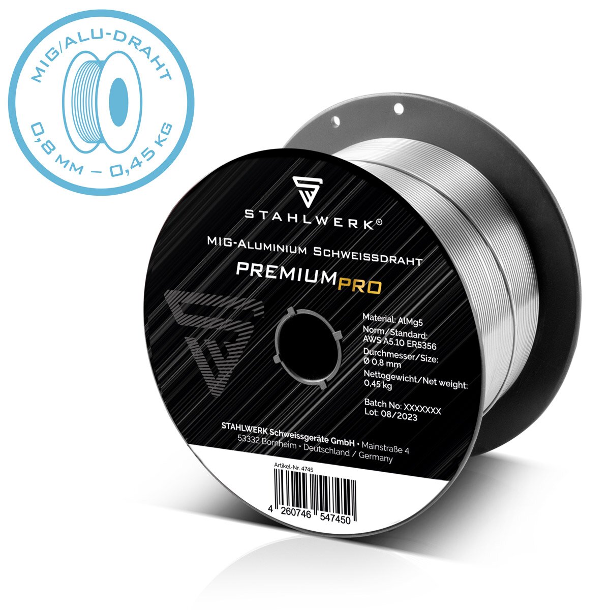 STAHLWERK MIG MAG aluminum welding wire ER5356 (AlMg5) 0.8 mm 0.45 kg wire roll | Wire coil | Filler material | Universal welding wire | Solid wire electrode