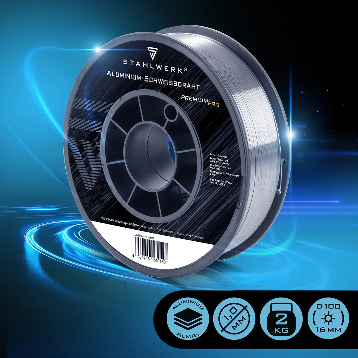 Filo per saldatura in alluminio STAHLWERK MIG MAG ER5356 (AlMg5) 1,0 mm Rotolo di filo da 2 kg | Bobina di filo | Materiale di riempimento | Filo di saldatura universale | Elettrodo a filo pieno