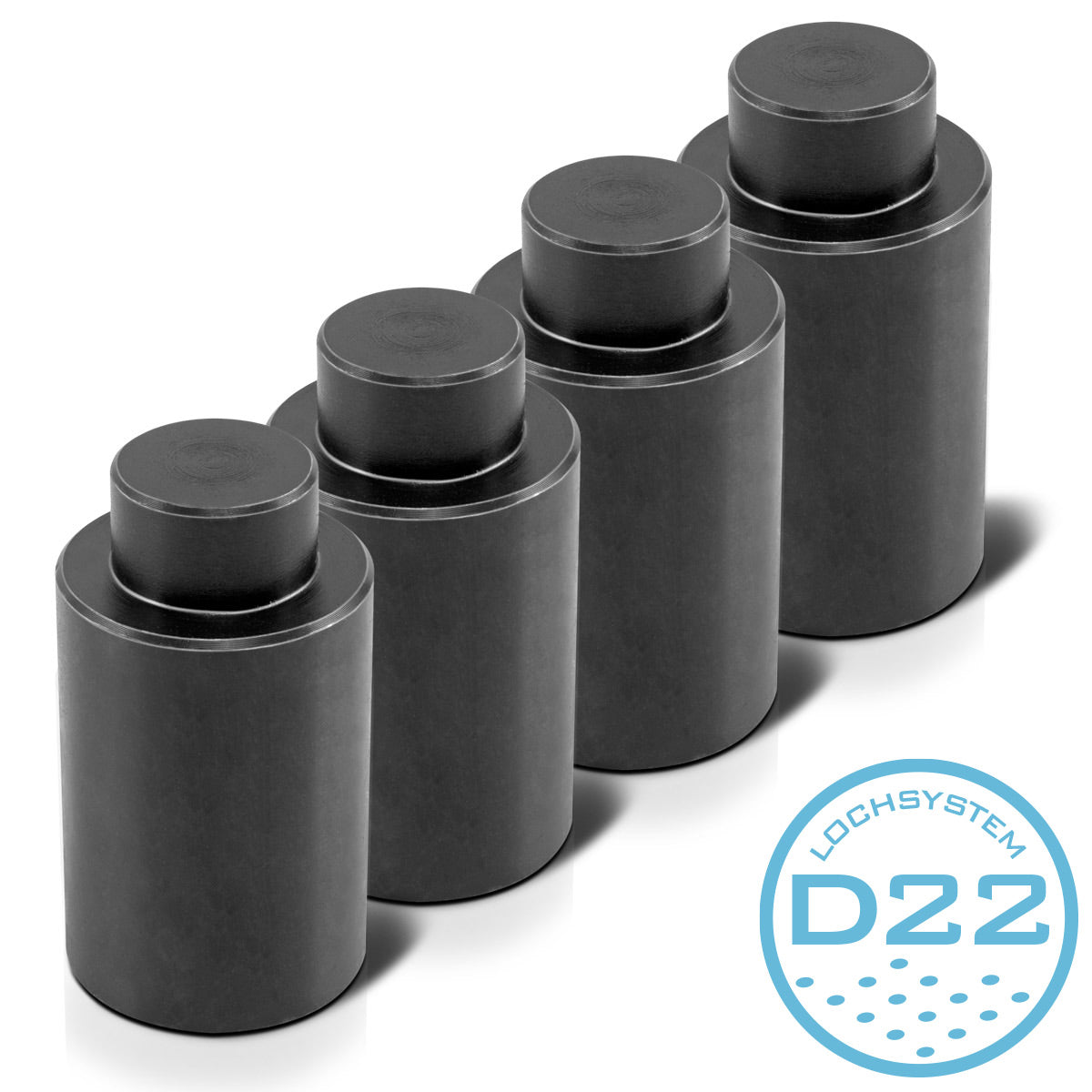 Perni di battuta e perni di serraggio STAHLWERK altezza 50 mm con filettatura M 14 per tavoli di saldatura con sistema di fori D22 - pratico set da 4