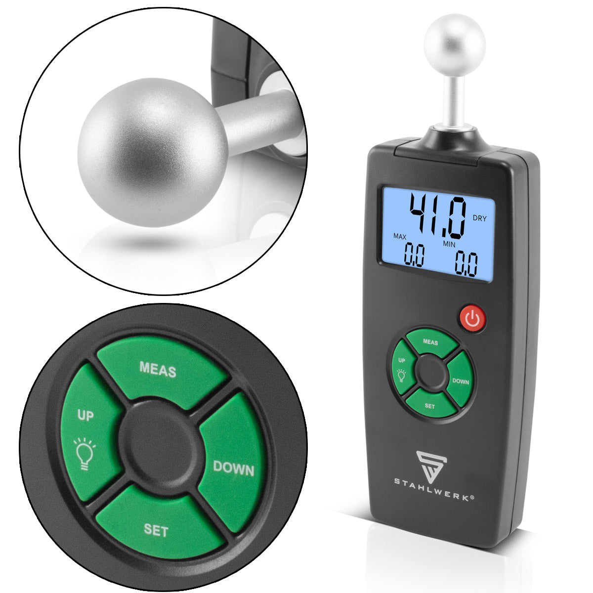 STAHLWERK FM-100 ST professional moisture meter with 40 mm measuring depth and ball head, precise moisture meter / moisture meter for walls, wood, plaster, plaster and cement