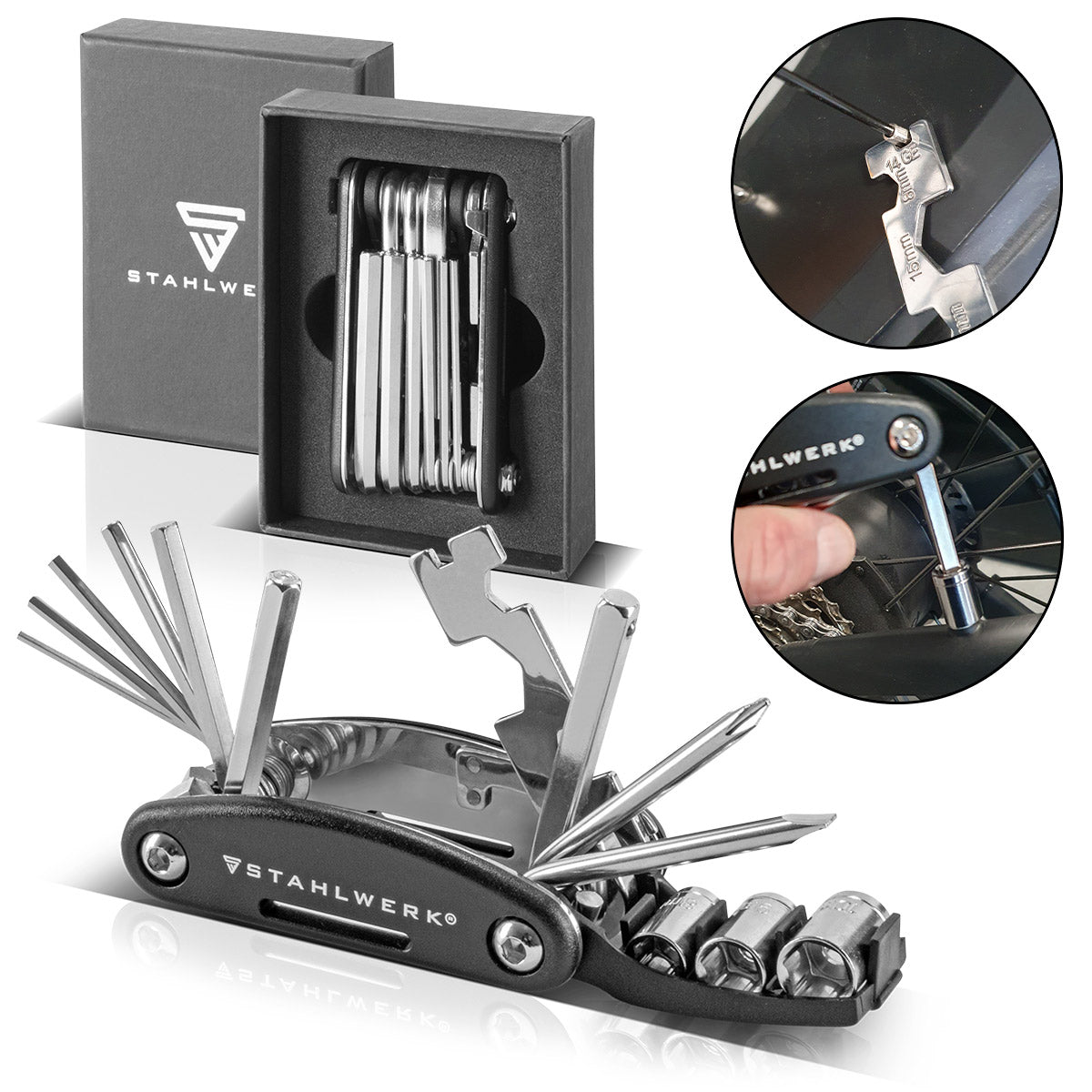 STAHLWERK Multitool / Multifunktionswerkzeug / 16 in 1 Fahrrad Reparaturwerkzeug / Radwerkzeug für unterwegs