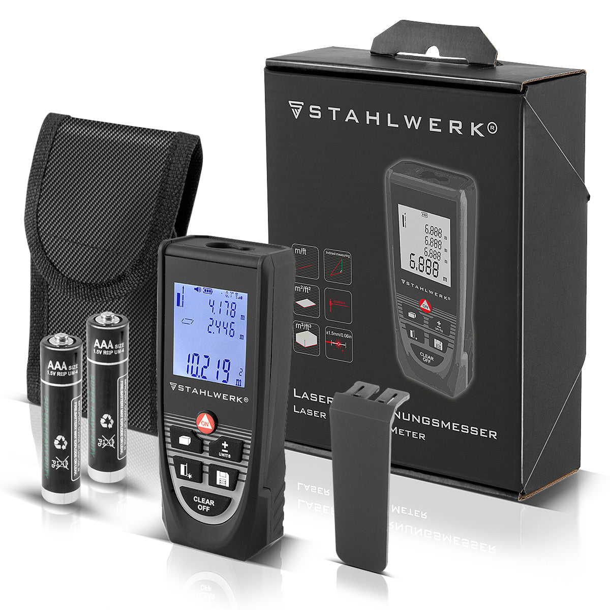 Télémètre laser STAHLWERK LE-40 ST jusqu'à 40 m de distance avec écran numérique LCD éclairé, appareil de mesure de distance et de distance pour une mesure précise des distances et des volumes sur les chantiers ou à l'intérieur