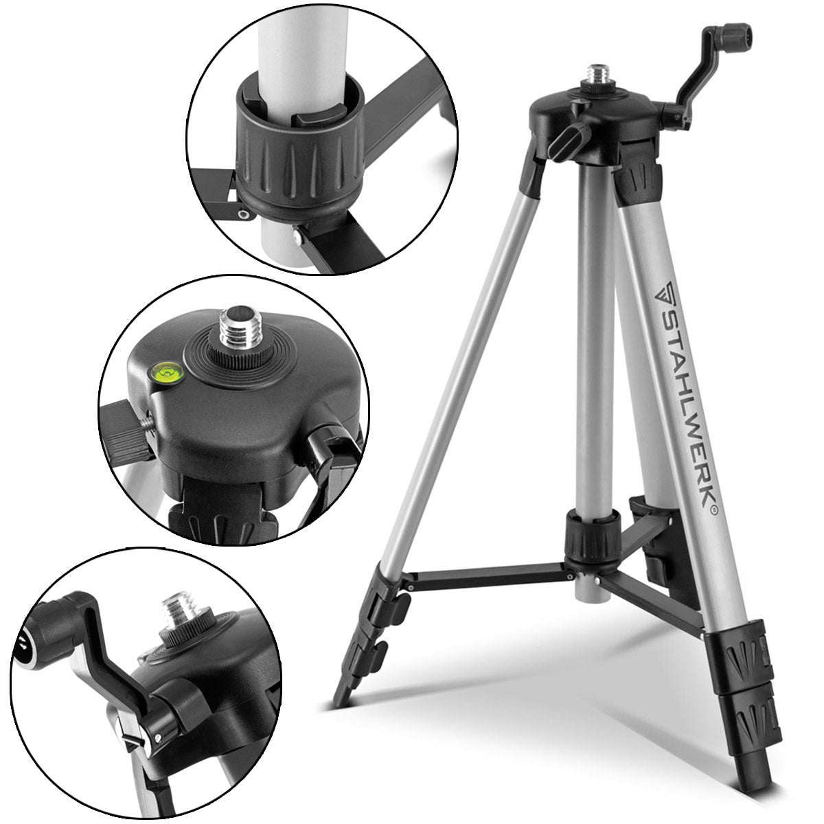 Trépied universel STAHLWERK pour le laser à lignes croisées STAHLWERK KL-5 ST trépied télescopique / trépied / trépied avec colonne centrale extensible de 280 mm, manivelle et bulle de nivellement