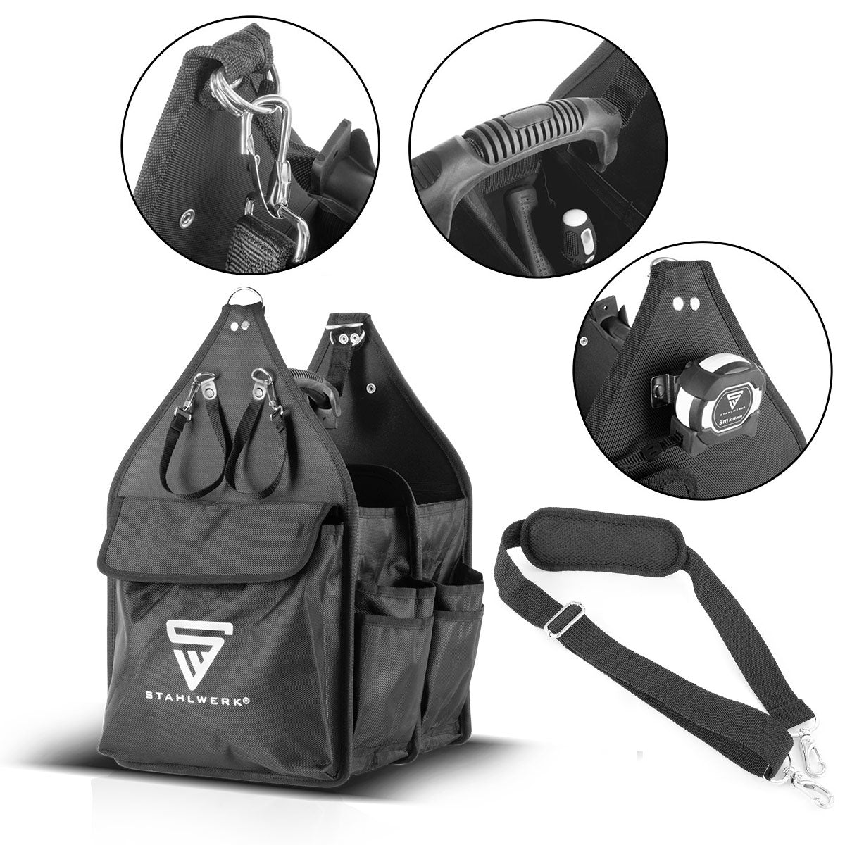STAHLWERK Werkzeugtasche mit 11 Außentaschen und 2 großen Innenfächern mit jeweils 5 Innentaschen, robuste Montagetasche / Werkzeugkoffer / Werkzeugbeutel mit Tragegriff und Schultergurt aus strapazierfähigem Polyester-Gewebe