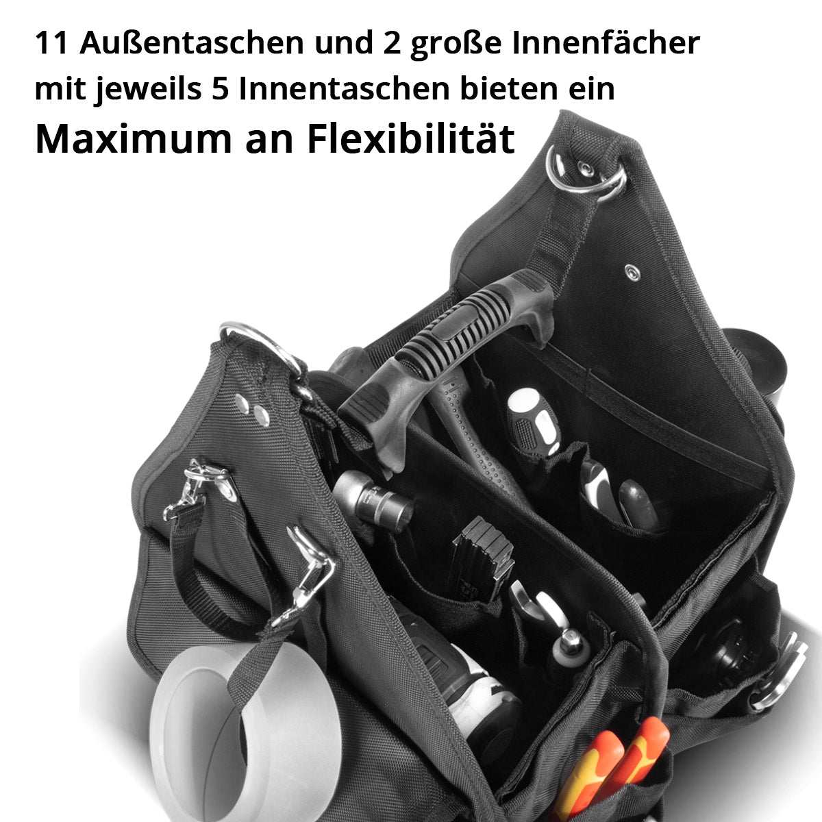 STAHLWERK Werkzeugtasche mit 11 Außentaschen und 2 großen Innenfächern mit jeweils 5 Innentaschen, robuste Montagetasche / Werkzeugkoffer / Werkzeugbeutel mit Tragegriff und Schultergurt aus strapazierfähigem Polyester-Gewebe