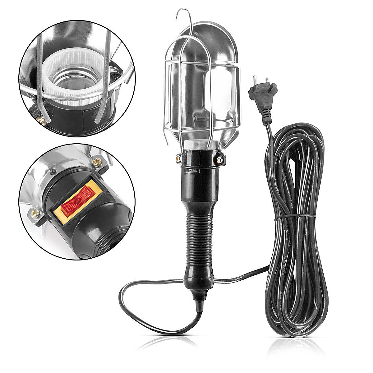 Lámpara de trabajo STAHLWERK con casquillo E27 hasta máx. Lámpara de taller de 60 W con cable de 10 m, gancho para colgar y mango de goma, lámpara de construcción | Lámpara de trabajo | Lámpara de mano para trabajos de reparación y renovación.