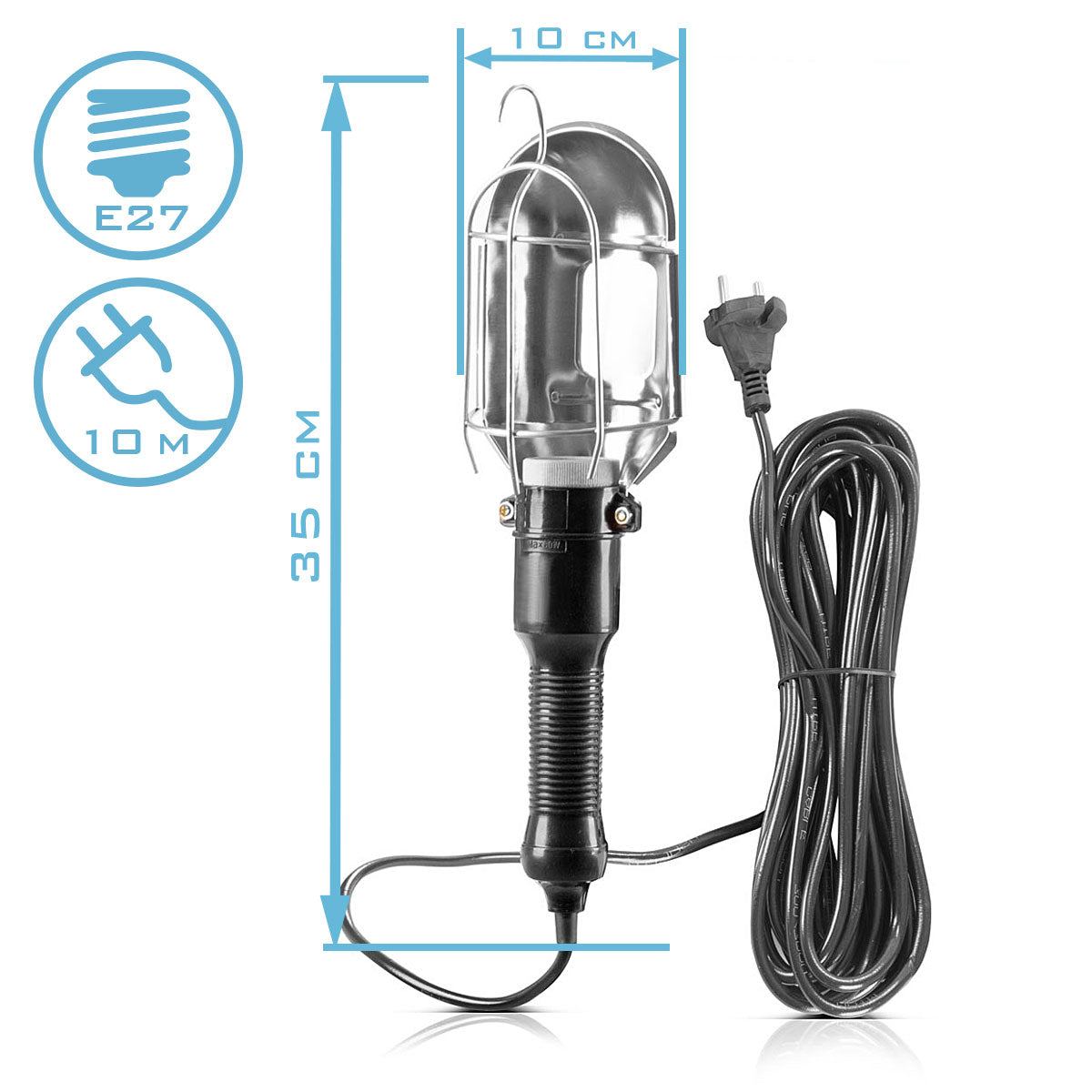 Lámpara de trabajo STAHLWERK con casquillo E27 hasta máx. Lámpara de taller de 60 W con cable de 10 m, gancho para colgar y mango de goma, lámpara de construcción | Lámpara de trabajo | Lámpara de mano para trabajos de reparación y renovación.