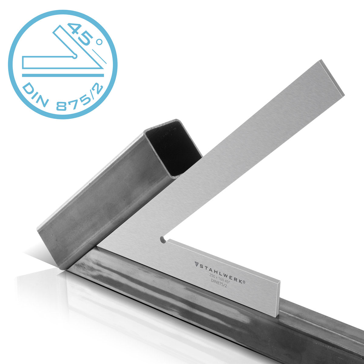 Squadra piatta a punta STAHLWERK 45° 250 x 160 mm DIN 875/2 squadra di controllo / squadra di montaggio / squadra di arresto / squadra acuta / squadra di precisione in acciaio inossidabile e tracciatore 145 mm