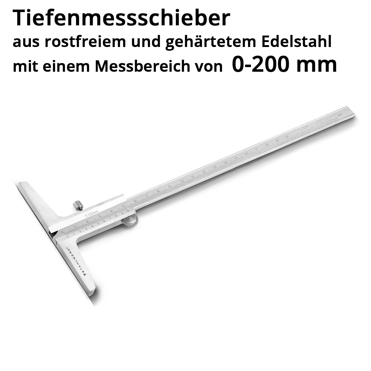 STAHLWERK Tiefenmessschieber 0-200 mm DIN 862 Messschieber / Tiefenlehre / Schieblehre / Messlehre aus rostfreiem Edelstahl mit hochwertigem Kunstleder-Etui