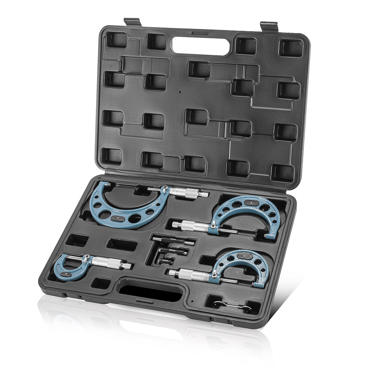 Juego de micrómetros exteriores STAHLWERK de 4 micrómetros DIN 863 / tornillo micrométrico / tornillo micrométrico con un rango de medición de 0-25 / 25-50 / 50-75 / 75-100 mm