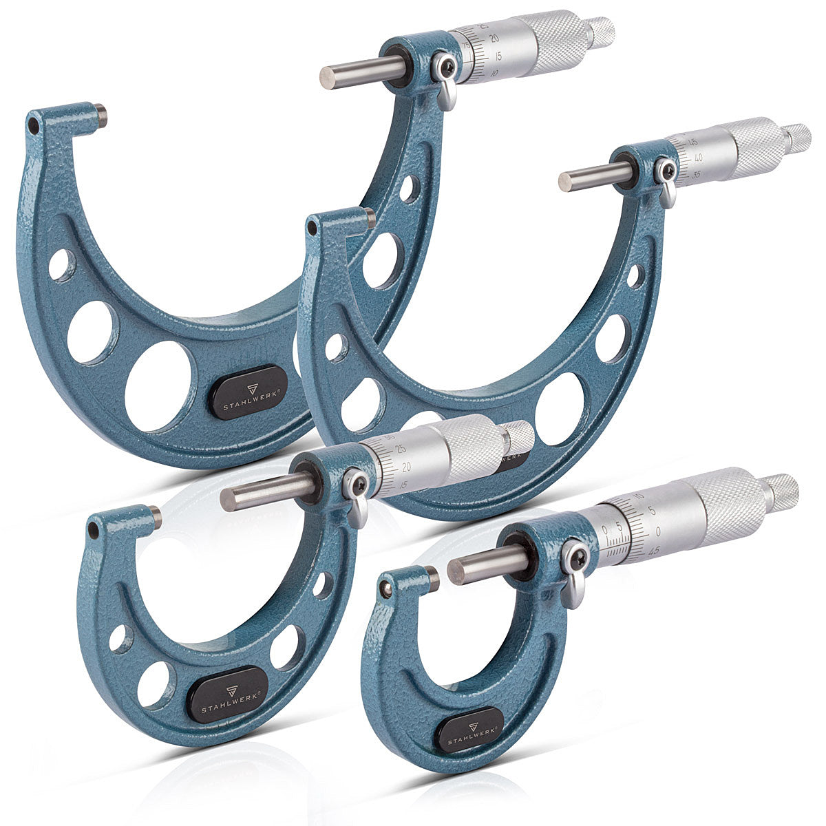 Juego de micrómetros exteriores STAHLWERK de 4 micrómetros DIN 863 / tornillo micrométrico / tornillo micrométrico con un rango de medición de 0-25 / 25-50 / 50-75 / 75-100 mm