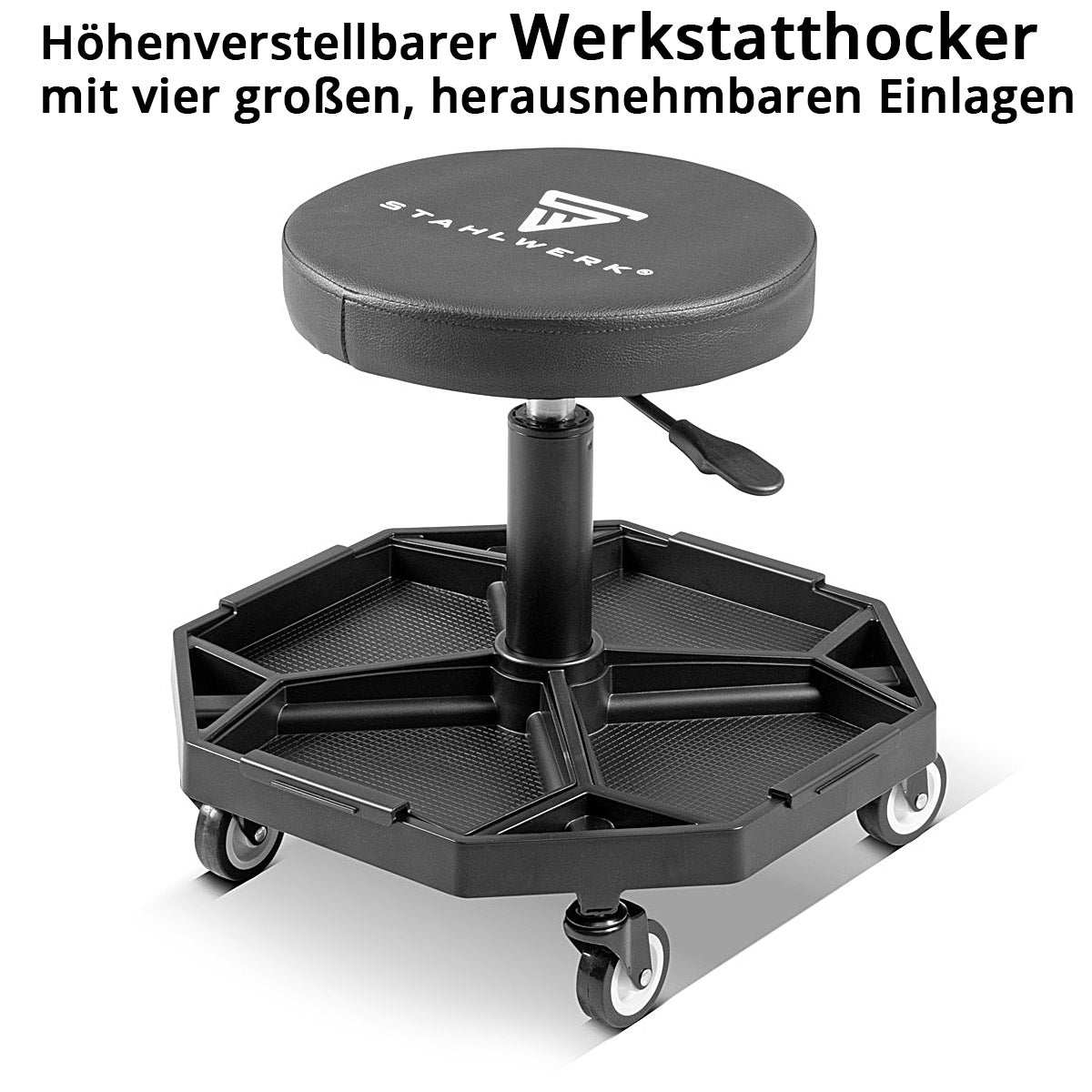 STAHLWERK Höhenverstellbarer Werkstatthocker WRH-136 ST bis 136 kg belastbar, 40-54 cm Sitzhöhe, mit vier herausnehmbaren Ablagefächern, Rollsitz / Rollhocker mit kugelgelagerten Leichtlauf-Lenkrollen