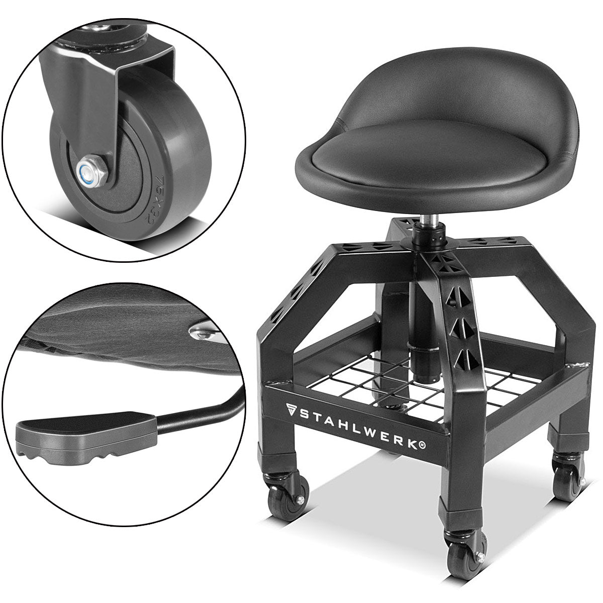 STAHLWERK Height-adjustable workshop stool VWH-300 ST with large storage compartment, can hold up to 136 kg, 59-76 cm seat height, rolling seat / rolling stool with ball-bearing smooth-running swivel castors