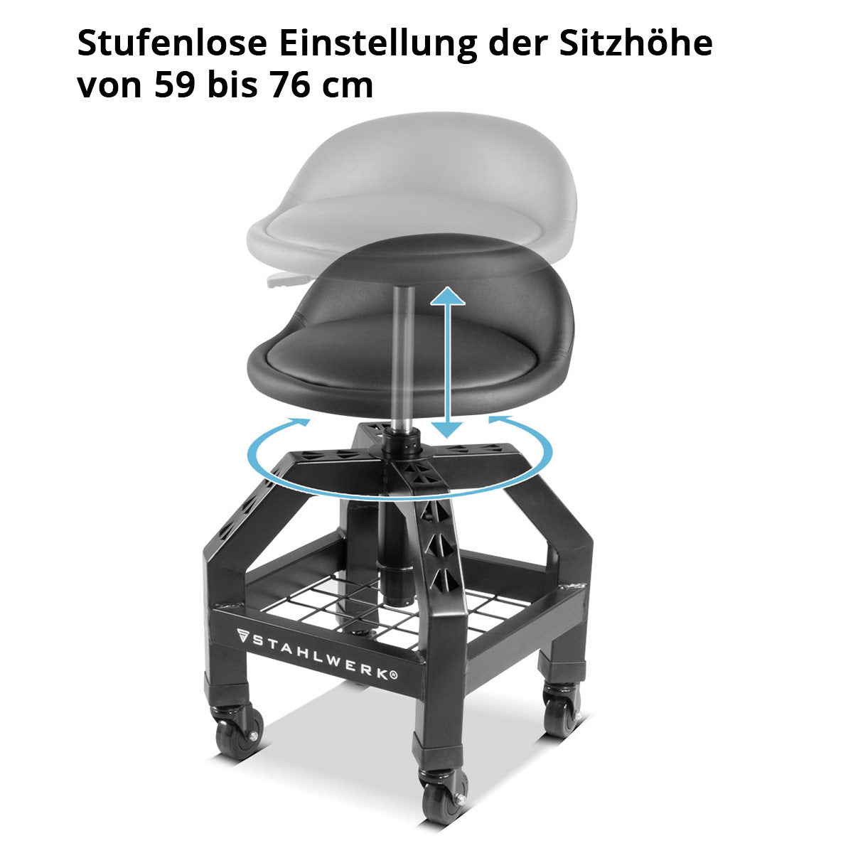 STAHLWERK Height-adjustable workshop stool VWH-300 ST with large storage compartment, can hold up to 136 kg, 59-76 cm seat height, rolling seat / rolling stool with ball-bearing smooth-running swivel castors