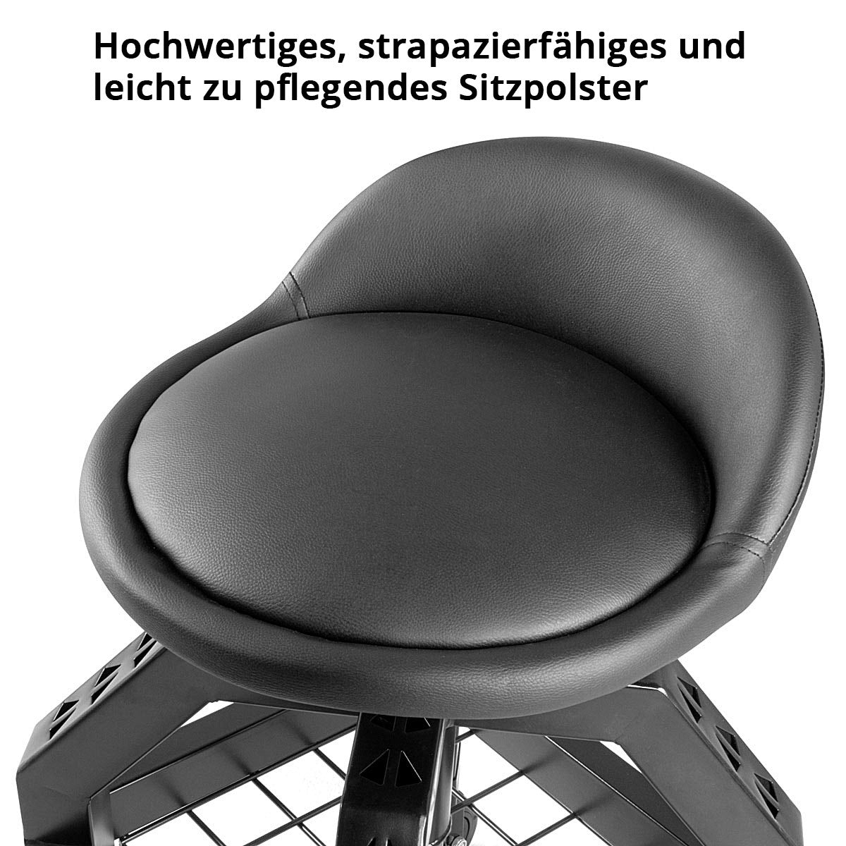 STAHLWERK Height-adjustable workshop stool VWH-300 ST with large storage compartment, can hold up to 136 kg, 59-76 cm seat height, rolling seat / rolling stool with ball-bearing smooth-running swivel castors