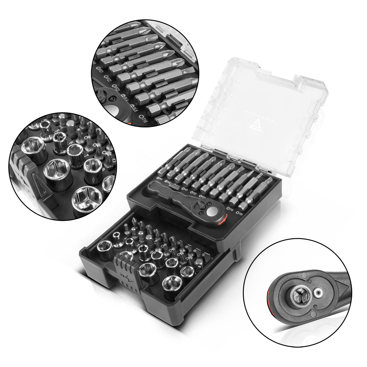 STAHLWERK Juego de destornilladores, puntas y llaves de vaso de 41 piezas de cromo vanadio con carraca reversible en caja/juego de carraca/juego de destornilladores