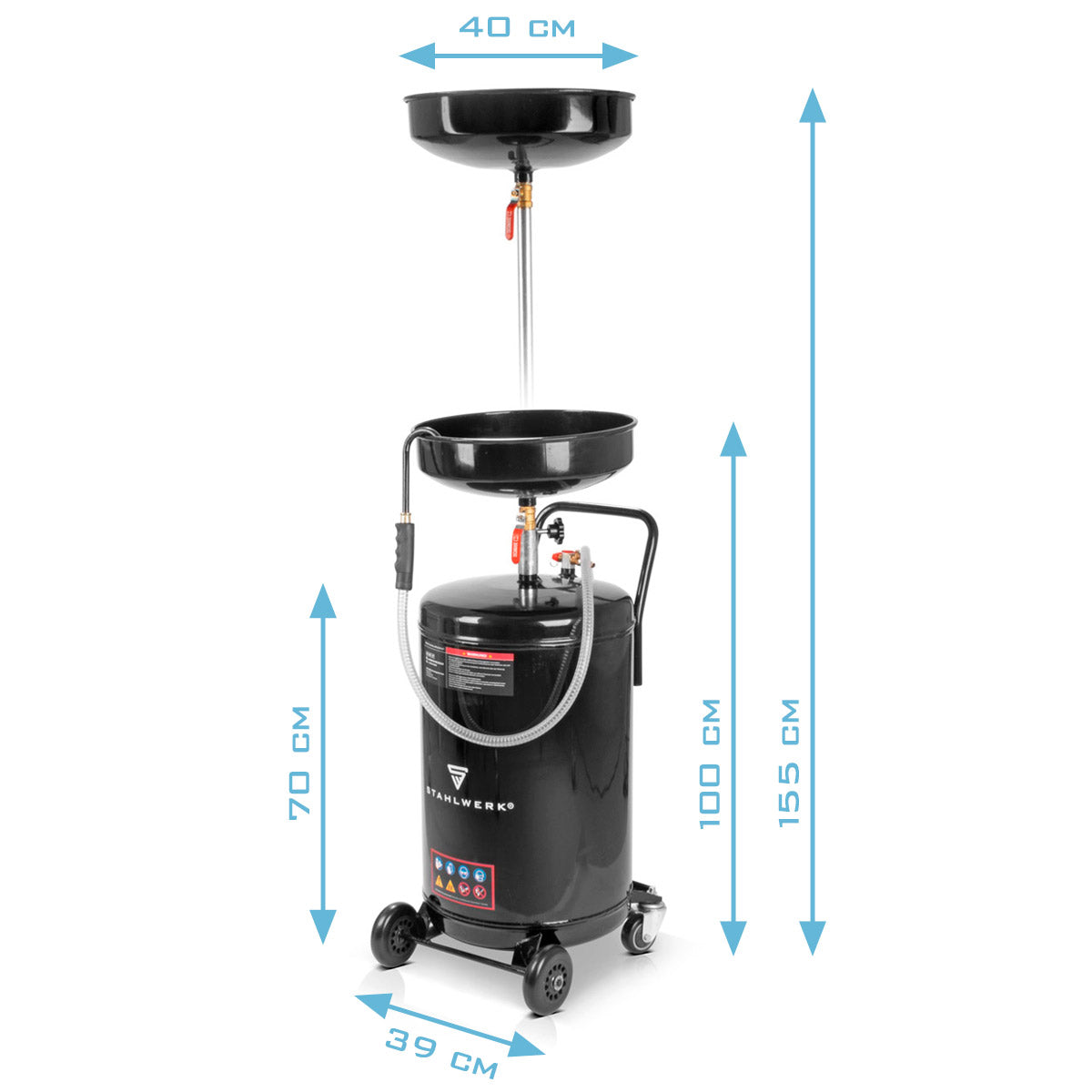 Separatore di olio di acciaio olio OD-80 ST con capacità di 80 l, olio di raccolta di contenitori / carrello Ölauf-fan / olio di olio / dispositivo di drenaggio dell'olio con imbuto regolabile in altezza per raccogliere olio vecchio