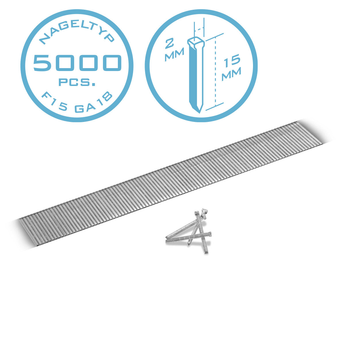 Chiodi ad aria compressa STAHLWERK da 15 mm calibro 18 (1,25 x 1,05 mm) con larghezza della testa di 2 mm in un set da 5000 chiodi a striscia | Chiodi cucitrice | Perni ad aria compressa per chiodatrici, pistole sparachiodi e cucitrici