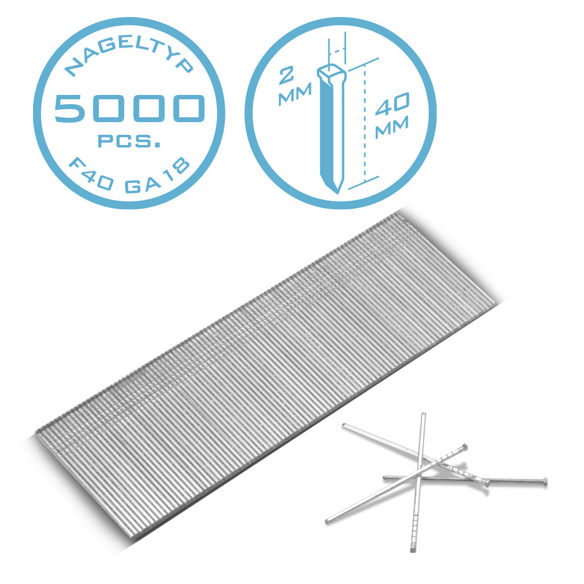 STAHLWERK Druckluft Nägel 40 mm Gauge 18 (1,25 x 1,05 mm) mit 2 mm Kopfbreite im 5000er Set Streifennägel | Tackernägel | Druckluft Stifte für Nagler, Nagelpistolen und Tacker