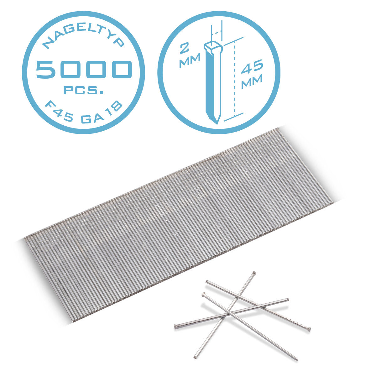 Clous à air comprimé STAHLWERK 45 mm calibre 18 (1,25 x 1,05 mm) avec largeur de tête de 2 mm dans un jeu de 5000 clous en bande | Clous d'agrafeuse | Épingles à air comprimé pour cloueuses, pistolets à clous et agrafeuses