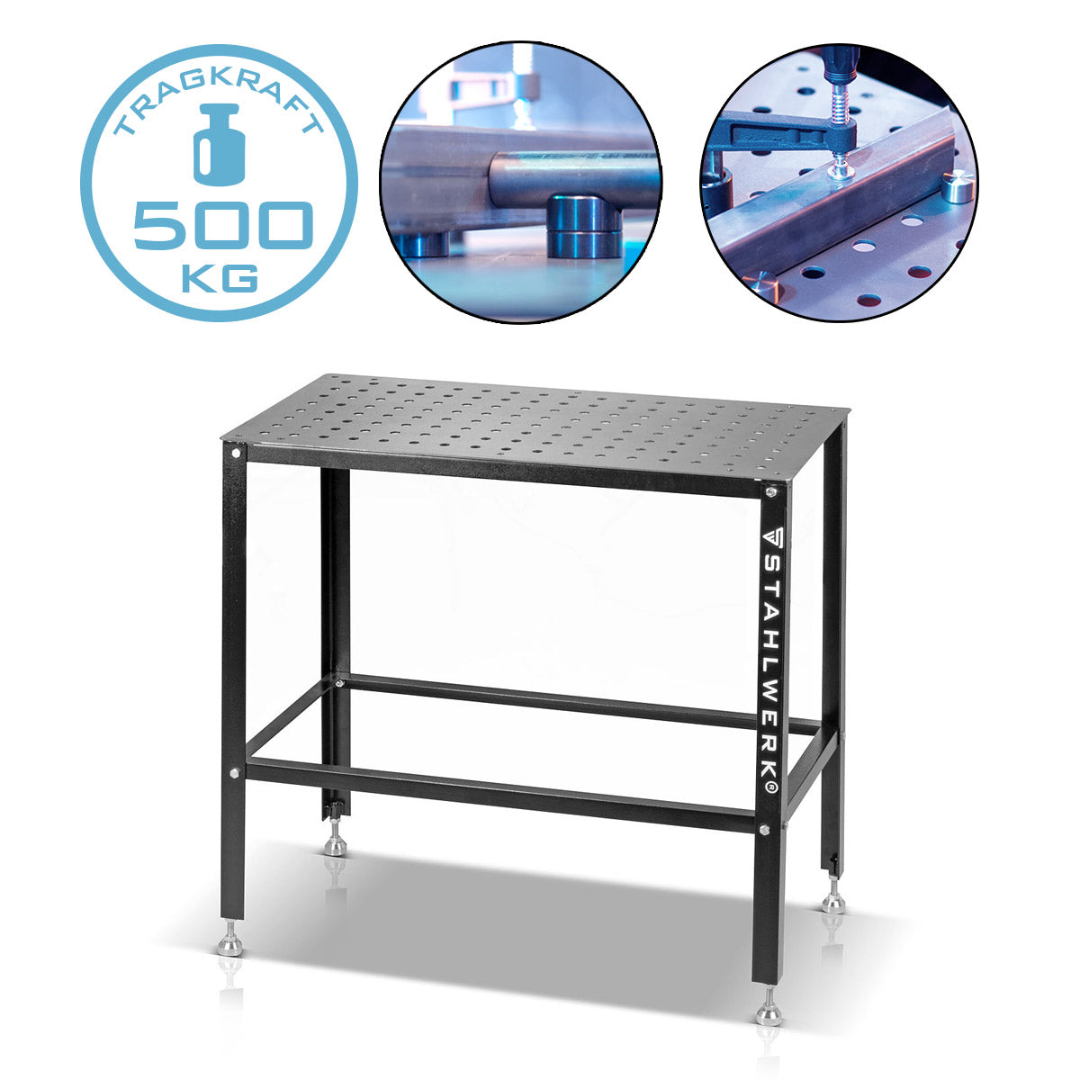STAHLWERK welding table | Assembly table with 500 kg load capacity and 3 mm worktop 91.5 x 46 x 90 cm in the D16 hole system, DIY kit made of heavy-duty carbon steel with leveling stainless steel feet