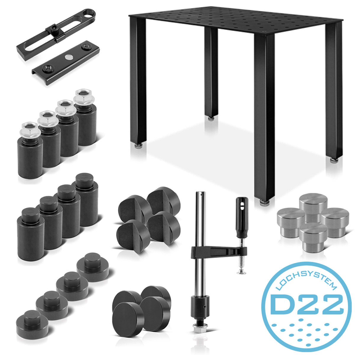 STAHLWERK welding table set, assembly table with D22 hole system and 12 mm worktop as a DIY kit in a set with magnetic stops, screw clamp, stop, clamping and centering bolts
