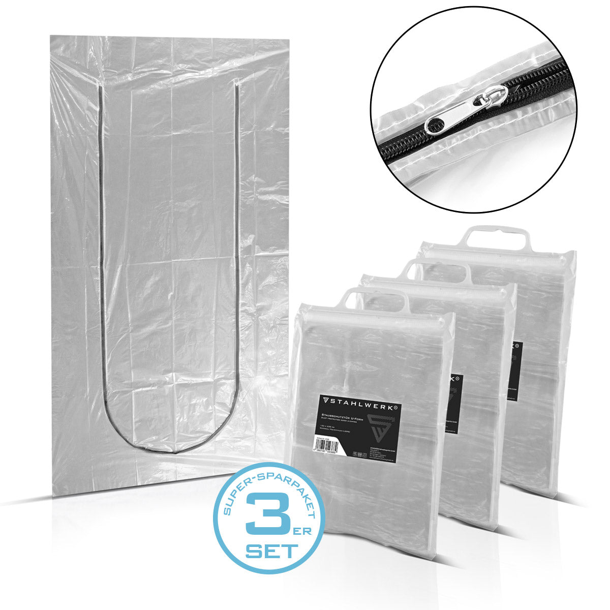 Porte anti-poussière STAHLWERK, lot de 3 portes anti-poussière en forme de U / piège à saletés / rideau anti-poussière avec fermeture éclair intégrée