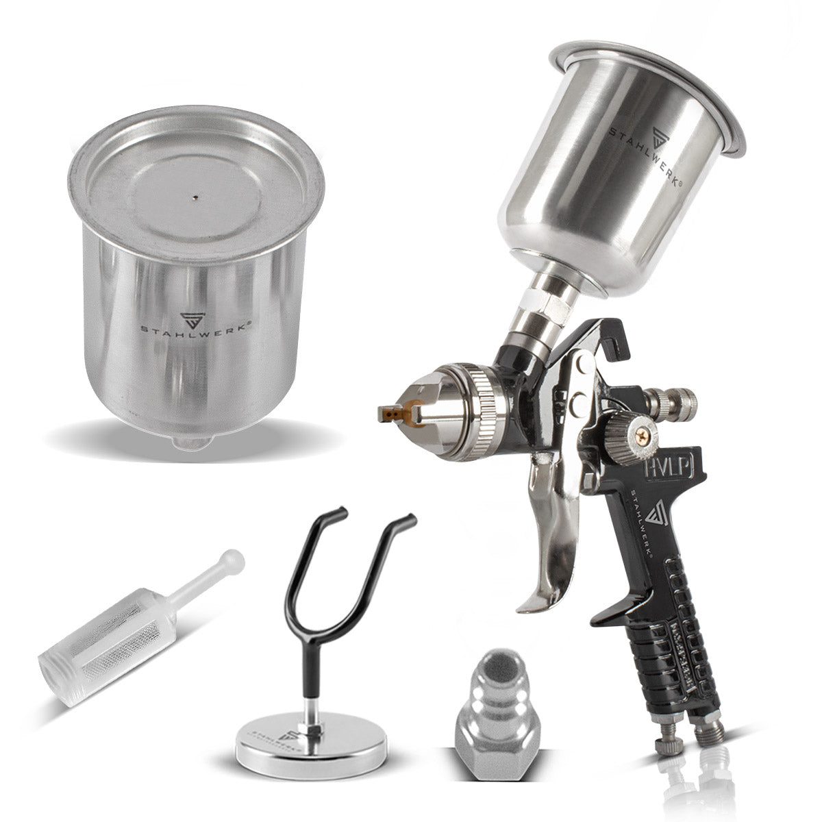 STAHLWERK HVLP Lackierpistole SG-600 ST mit 1,4 mm Düse und 600 ml Fließbecher, Lackierpistolen-Halter, Profi Spritzpistole / Sprühpistole / Spraypistole
