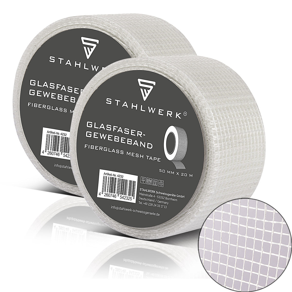 STAHLWERK Glasfaser-Gewebeband 2er Set 20 m x 50 mm, selbstklebendes Trockenbau Fugenband / Fugendeckstreifen / Bewehrungsstreifen mit Gitternetzstruktur für Spachtelarbeiten