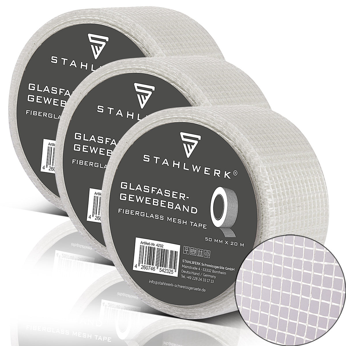 STAHLWERK Lot de 3 rubans en tissu de fibre de verre, 20 m x 50 mm, ruban à joint adhésif pour cloisons sèches, ruban à joint, bandes de renfort avec structure grillagée pour travaux de remplissage.