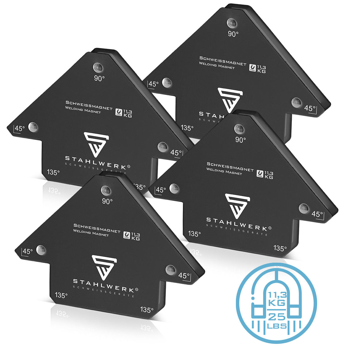 STAHLWERK 4er Set Magnet-Schweißwinkel 11,3 kg | 25 lbs praktischer Schweißmagnet | Magnetwinkel | Schweißpositionierer mit starker Haftkraft